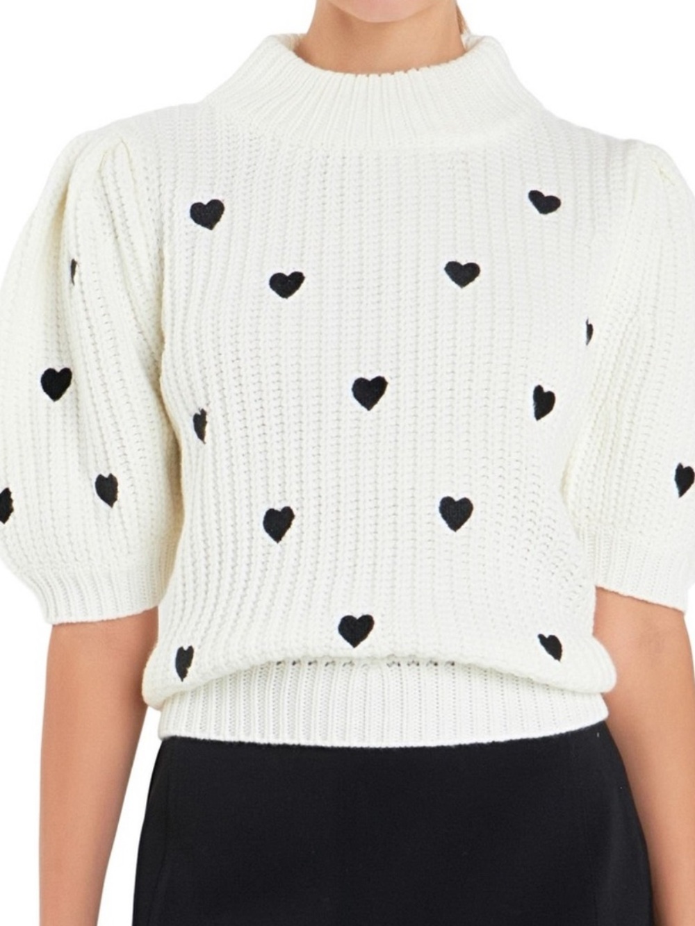 English Factory Heart Embroidered Puff Sleeve Sweater M